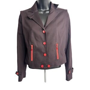 Worth Blazer Womens Petite 2 Brown Red Contrast Buttons Zip Pockets Stretch
